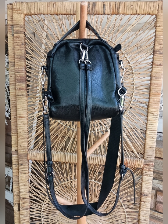 Urban Expressions Black Leather Mini Backpack Crossbody with Silver Zippers